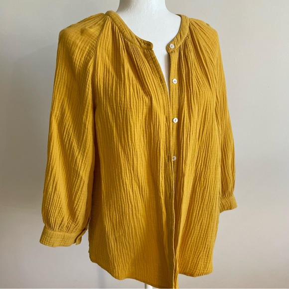 1 State Crinkly Cotton Button Down Shirt Tunic, Women Medium Mustard Yellow - Picture 1 of 8